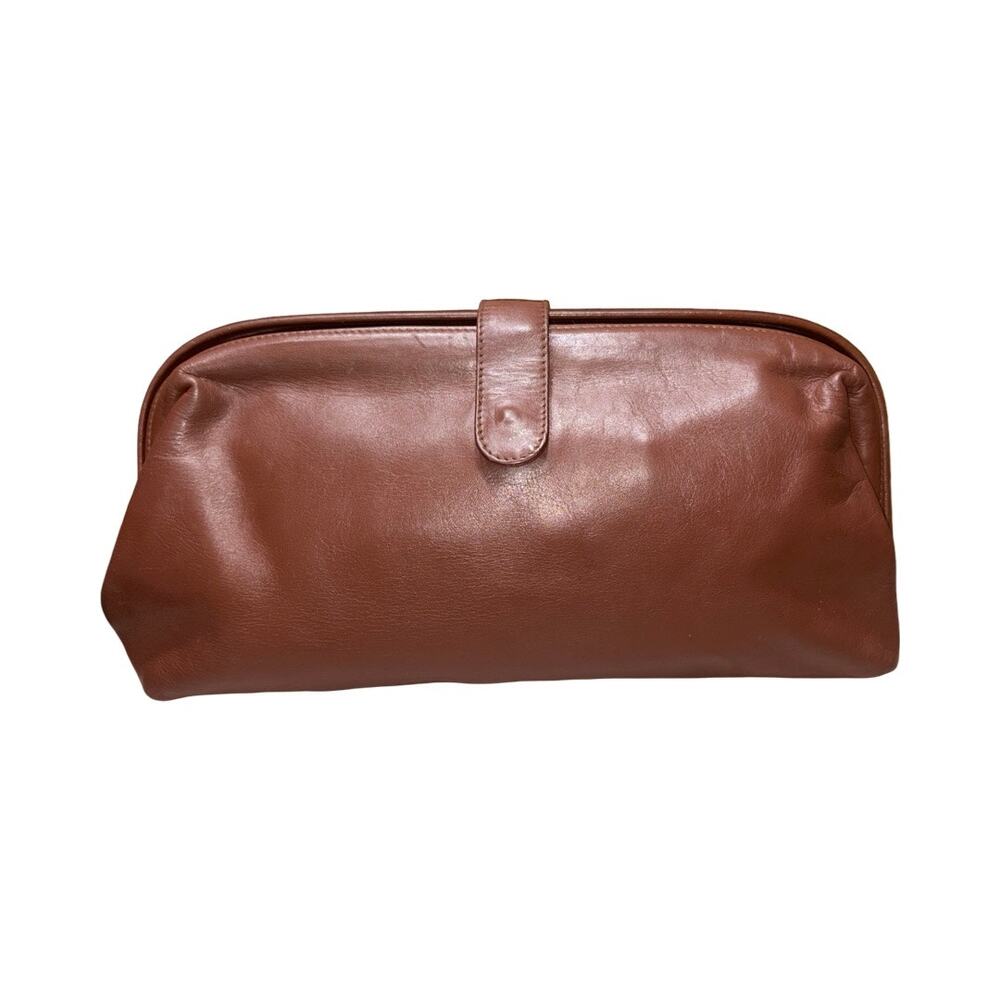 Vintage SAKS Fifth Ave. Brown Genuine Leather Gladstone Closure Clutch Purse